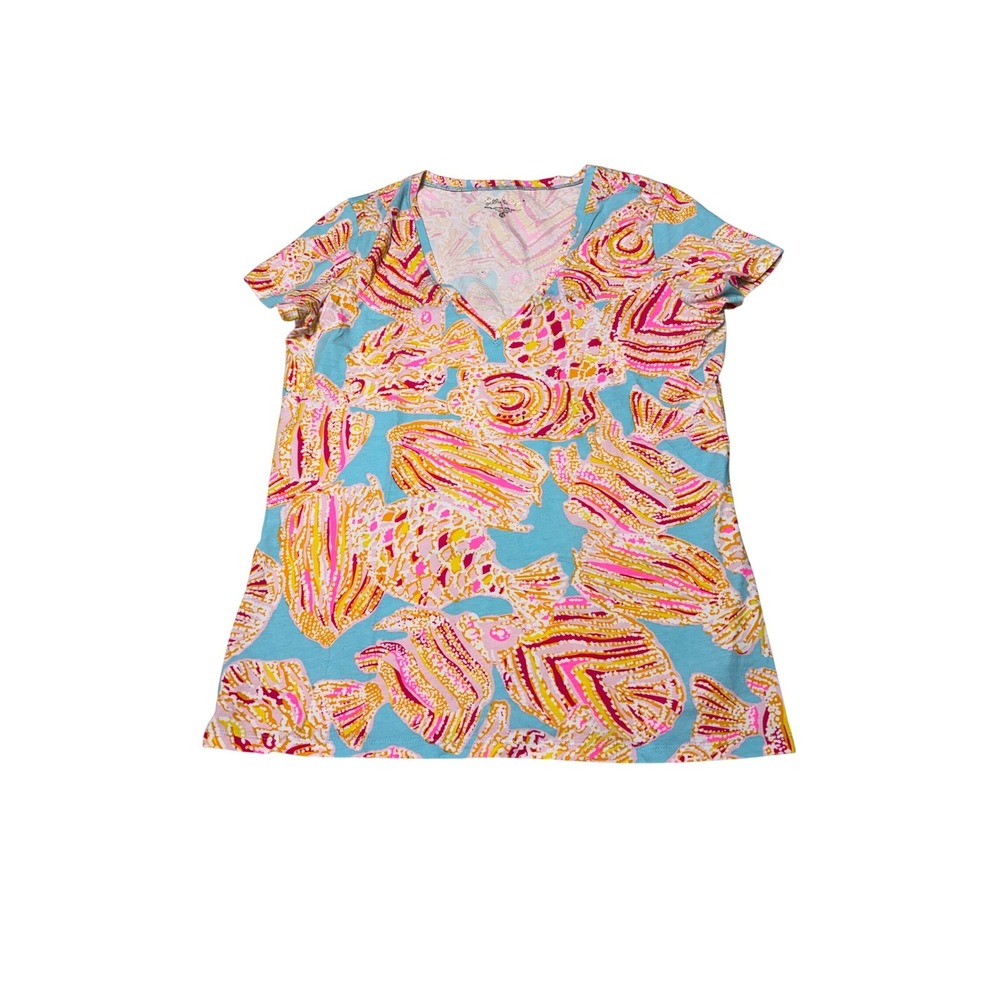 Lilly Pulitzer Womens V-Neckโ Tee Blue Pink Yellow Tropical Fish Print Size M